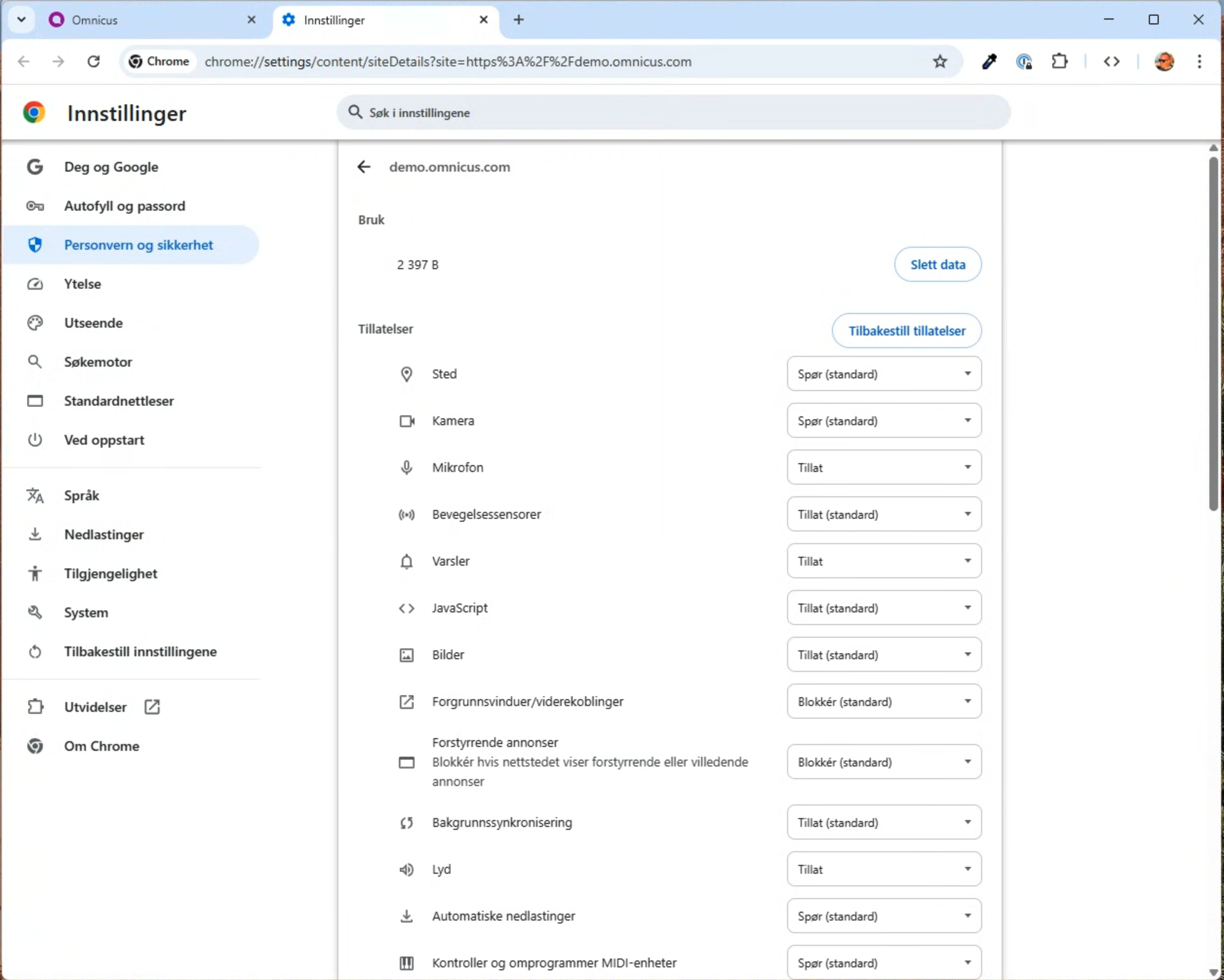 Chrome: tillatelser for mikrofon, varsler og lyd