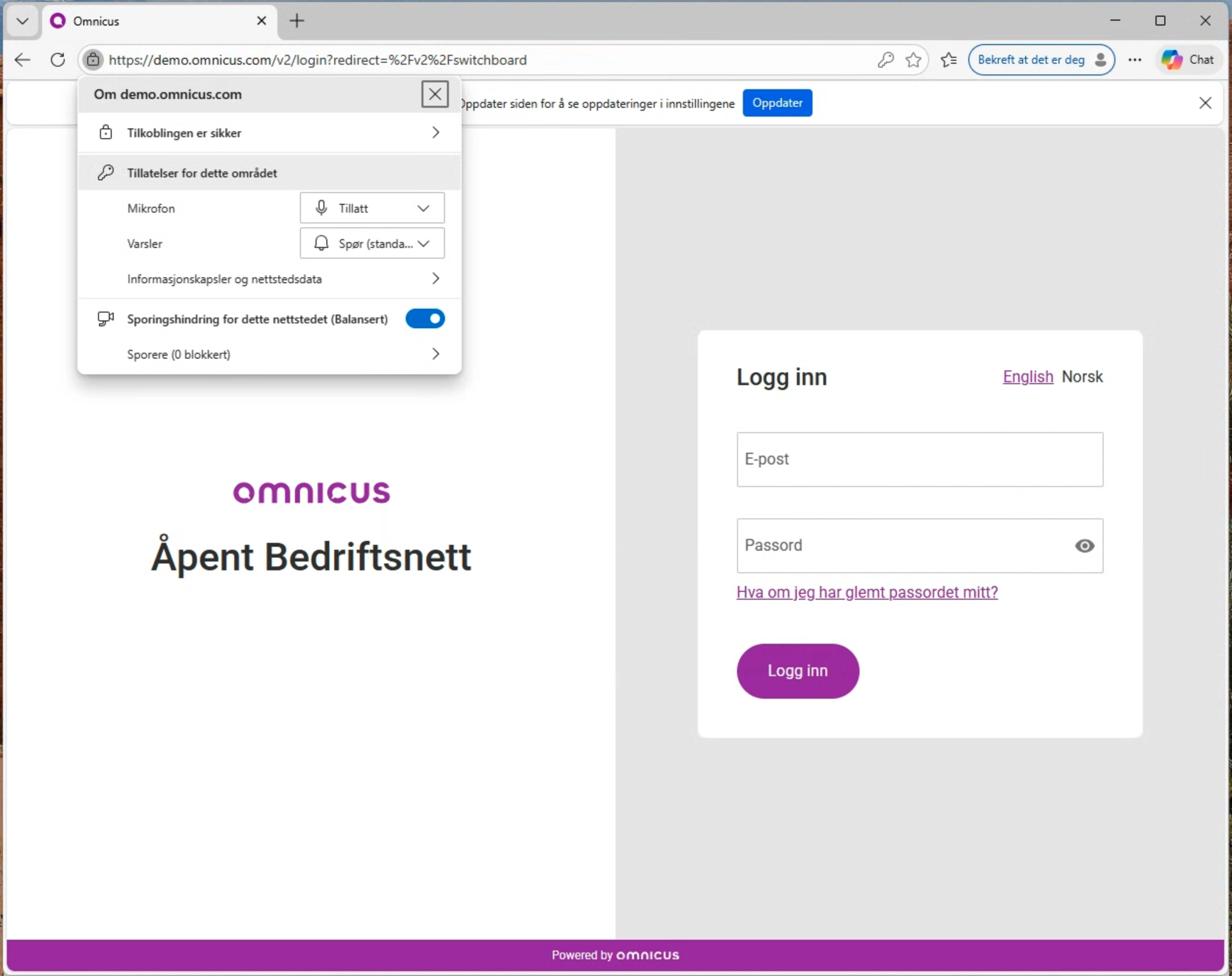 Edge: hengelåsmeny og tillatelser for nettsted