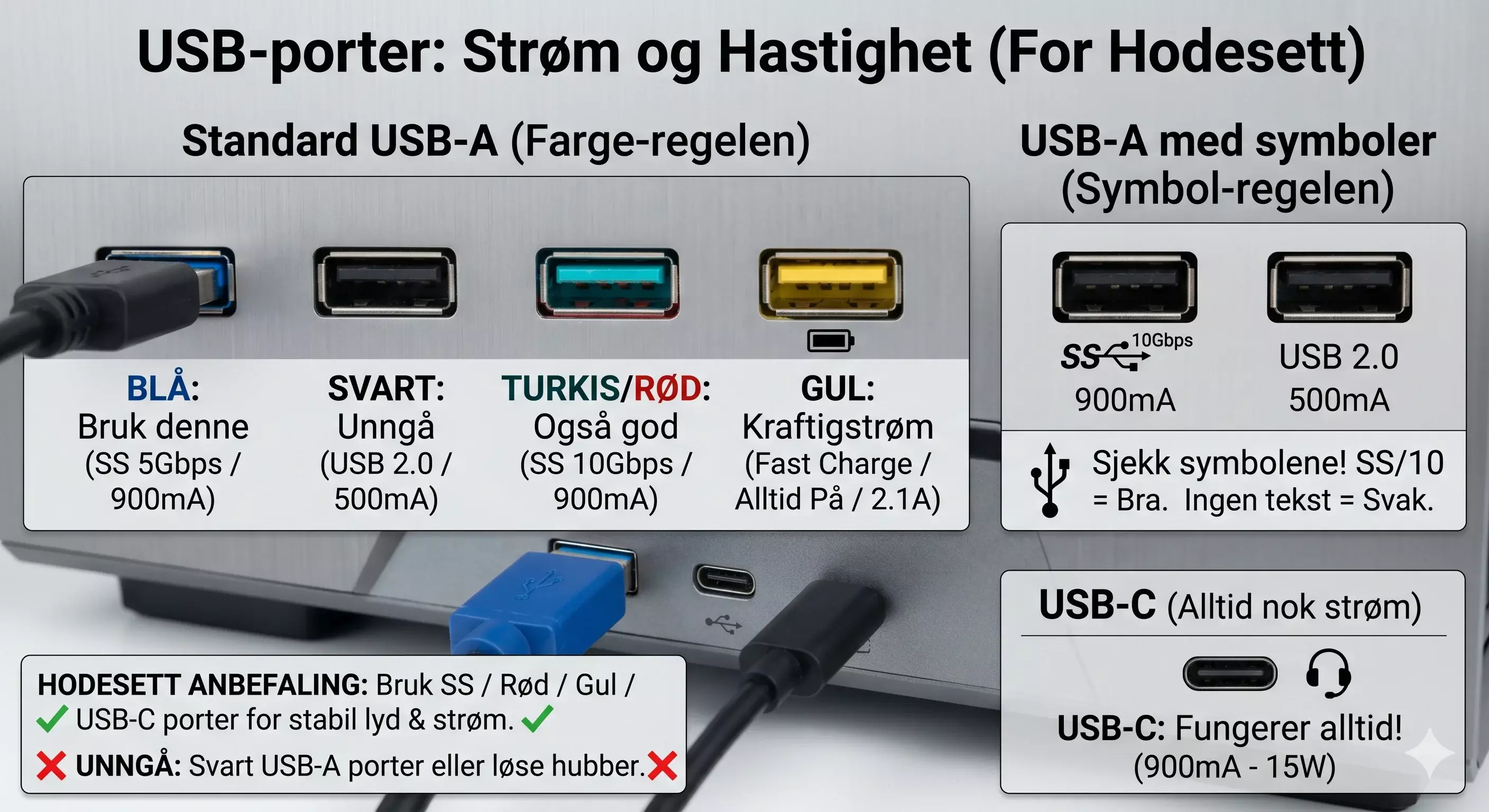 Eksempel på USB-porter med farger og symboler for headsettilkobling