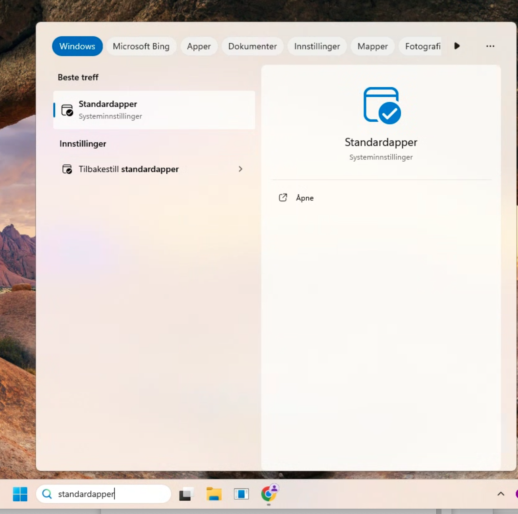 Søk etter Standardapper i Windows