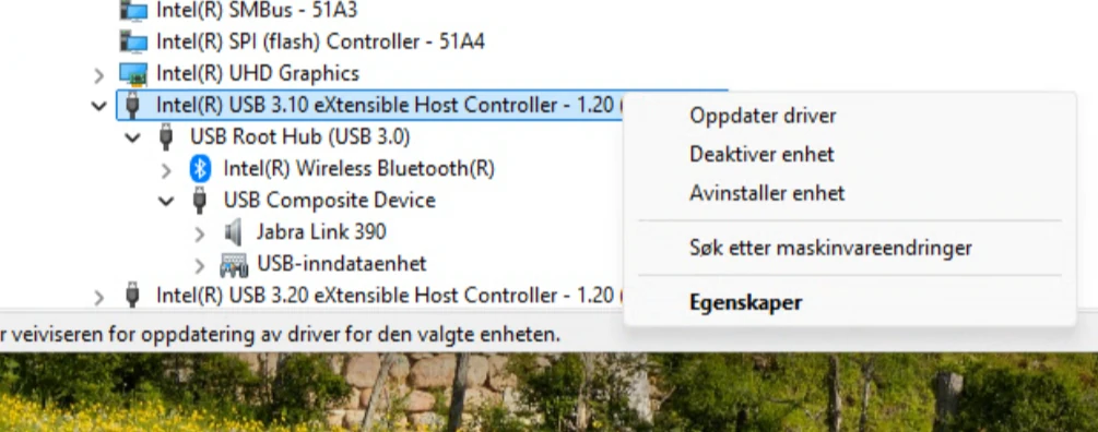 USB-kontrolleren over USB Root Hub, USB Composite Device og Jabra Link 390, med Egenskaper i høyreklikkmenyen