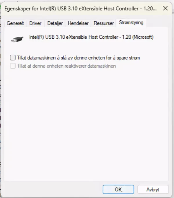 Strømstyring på USB-kontrolleren med haken for Tillat datamaskinen å slå av denne enheten for å spare strøm fjernet